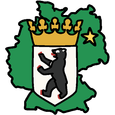 Green shape of Germany with the shield of Berlin over it (a white shield with black rampant bear and crown) and a small yellow star on the location of Berlin.